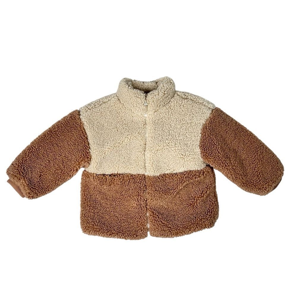 ZARA Kids Color Block Fleece Sherpa Jacket 3-4 Years Cream Brown